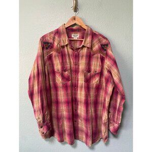 Ariat Women's Plus Size Pink and Peach Plaid Western Snap Button Shirt Top Sz 3x